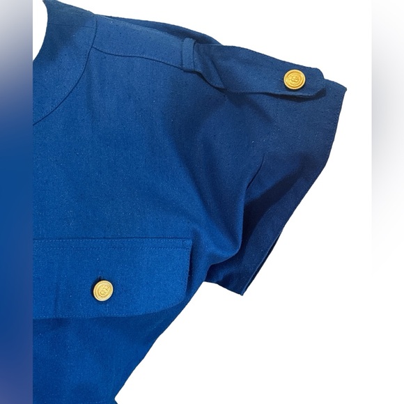 80s LIZ CLAIBORNE ROYAL BLUE SLUBBED SILK COLLARLESS SAFARI SHIRT DRESS SZ 6 - Picture 7 of 10